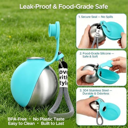 Stainless Steel Dog Water Bottle with Bowl, Portable Leak-Proof for Travel - Image 5