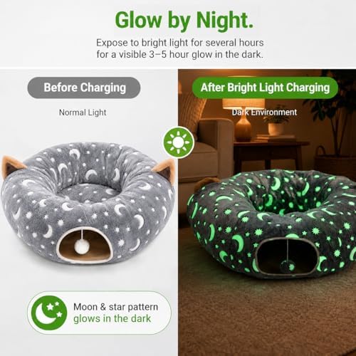 Cat Tunnel Bed Under Christmas Tree with Plush Ball Toy Playground Crinkle Collapsible Self-Luminous Flannel Fabric 3FT for Large Cats Kittens Kitty Small Animals Puppy Grey Moon Star - Image 2