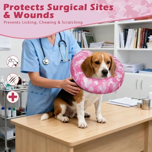 IEUUMLER Inflatable Recovery Dog Cone Collar, Neck Donut Protective ECollar, Adjustable Soft Collar for Dog and Cat After Surgery Prevent from Biting & Licking EU020 Pink Camo L+ - Image 3