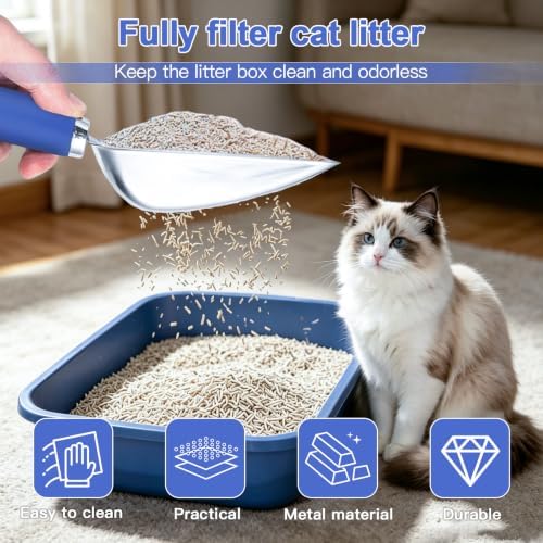 Cat Litter Scoop - Metal Cat Litter Scoop - Stainless Steel Scoop for Cats - Sturdy Metal Mesh - Rubber Handle - Easy to Clean, Suitable for Cat Litter Boxes (Blue) - Image 4