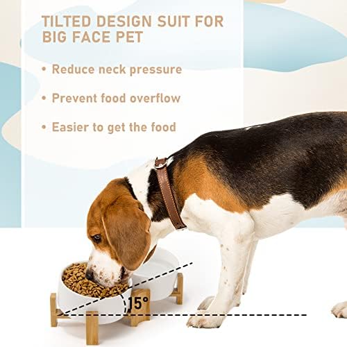 SPUNKYJUNKY 15° Slanted Ceramic Dog and Cat Bowl with Wooden Stand, Tilted Bulldog Food and Water Bowl No Slip Non-Spill for Cats Medium Dogs Big Face Pets 28.7 OZ (3.6 Cups, White × 2) - Image 2