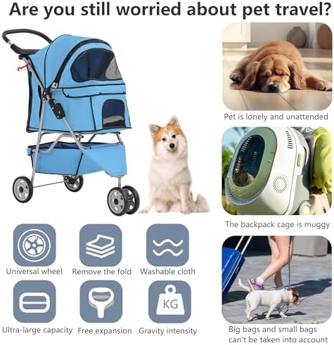 FDW | 3-Wheel Foldable Pet Stroller | Blue | Lightweight & Portable - Image 6