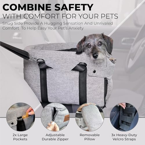 Center Console Dog Car Seat for Small Dogs and Puppies 5-13Lbs, Ideal Armrest Booster Car Travel Seat with Safety Protection Seat Belts, Storage Pockets - Reduces Anxiety (Woven - Grey) - Image 6