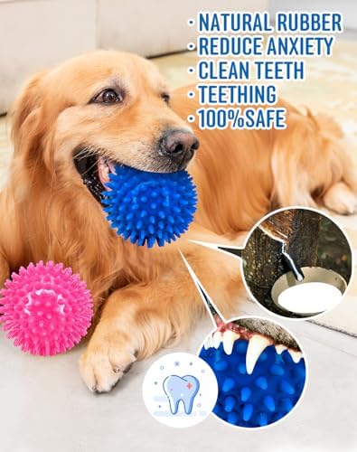 Pweituoet 4.5” Heavy Duty Squeaky Dog Balls for Medium Large Dogs, Dog Toys for Aggressive Chewers, Spike Ball Toys for Clean Teeth and Training(2 Pack) (4.5" red and Blue) - Image 6