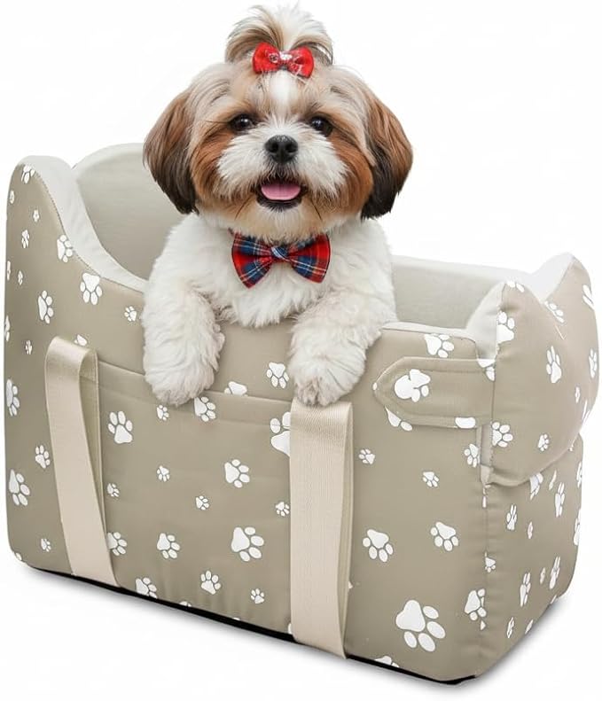 Cullaby Dog Car Seat for Small Dogs (Under 15 lbs) – Center Console Pet Carrier with Safety Belt, Storage Pockets & Removable Washable Cover (Khaki Car Seat)