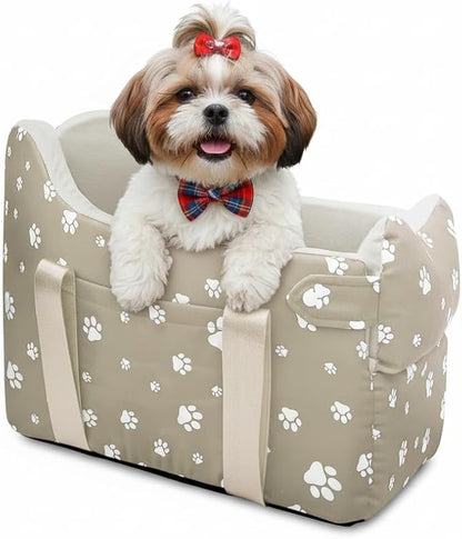 Cullaby Dog Car Seat for Small Dogs (Under 15 lbs) – Center Console Pet Carrier with Safety Belt, Storage Pockets & Removable Washable Cover (Khaki Car Seat)