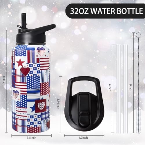 32oz American Flag Flip Stainless Insulated Aater Water Bottle with Straw,4th of July Gym Hiking Sports Coffee Mug Cup Water Bottles,Patriotic Military Gifts For Veterans, Police - Image 2