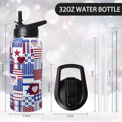 32oz American Flag Flip Stainless Insulated Aater Water Bottle with Straw,4th of July Gym Hiking Sports Coffee Mug Cup Water Bottles,Patriotic Military Gifts For Veterans, Police - Image 2