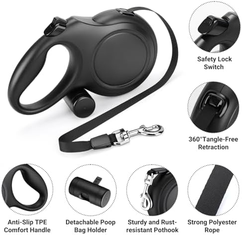Segarty 26 Ft Walking Lead with Poop Bag Holder for Dogs 66 lbs - 110 lbs, 360°Tangle-Free Leash with Anti-Slip Handle & One-Handed Brake Pause Lock, 8m Retractable Leash for Dog Pets Outside Activity - Image 3