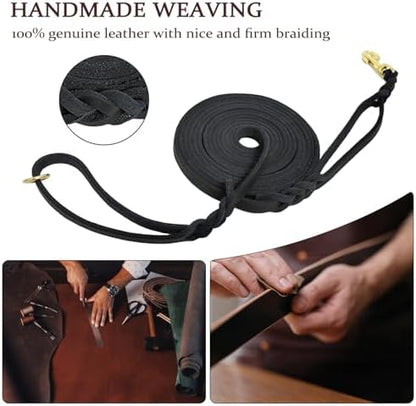 15ft Long Leather Dog Leash with Traffic Handle, Braided Leather Training Lead, Tieout for Yard, Double Handle Dog Leash for Small Medium Large Dogs Outdoor Hiking, Camping, Hunting Black - Image 2