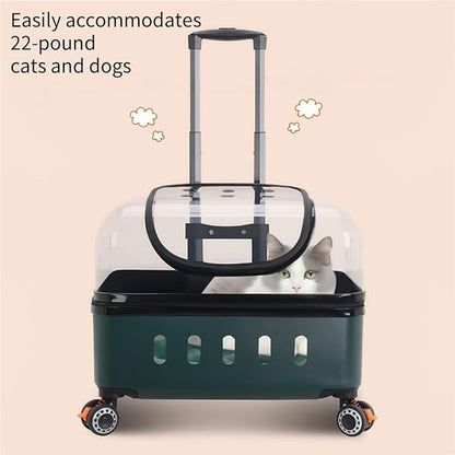 Pet Carrier with Wheels, Travel Pet Case with Transparent Window, Dog & Cat Carrier for Pets Weighing Up to 22 Pounds (Black)