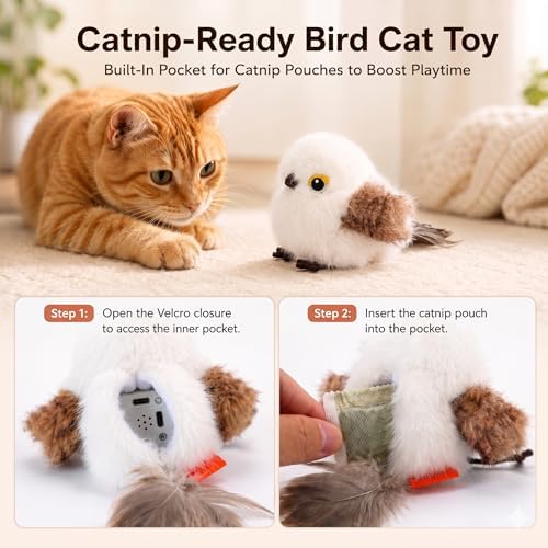 Flapping Bird Cat Toy, White Sparrow Plush Touch Activated Bird Chirp Cat Toy with Refillable Catnip, USB Rechargeable Interactive Kitten Exercise Toy,4.92"(No Flying) - Image 5