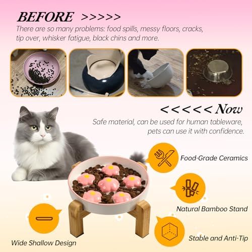Elevated Ceramic Slow Feeder Cat Bowl with Anti-Slip Bamboo Stand - Image 4