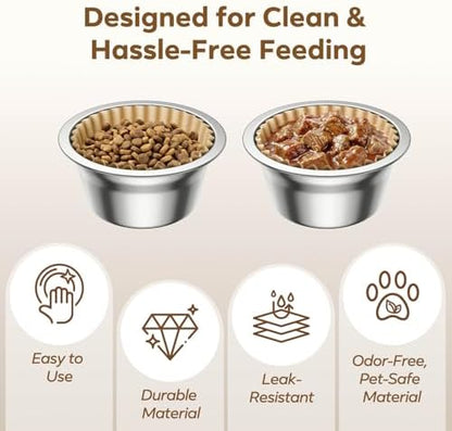 300 Pack Disposable Cat Bowl Liners with 2 Stainless Steel Bowls - Image 3