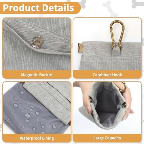Dog Treat Pouch for Pet Training, Carabiner & Magnetic Buckle, Grey - Image 3