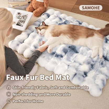 SOMAHE Cat Bed, Plush Faux Fur Kneading Flat Mat - Machine Washable Fluffy Pet Bed for Indoor Cats, Non-Slip Small Kitten Bed, Therapeutic Knead Cat Mat for Couch & Window Sill, 23"×15" Inch, Blue - Image 2