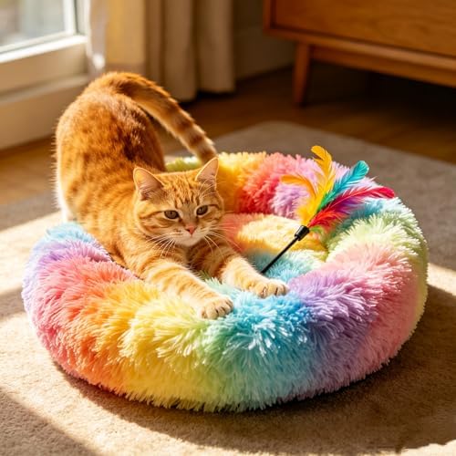 Cat Beds for Indoor Cats - Anti Anxiety Round Dog Beds for Small Medium Dogs, Fluffy Plush Faux Fur Pet Bed (Rainbow, Large 24" L x 24" W) by Unknown