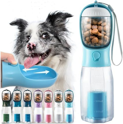 Portable Water Bottle for Dogs, 3 in 1 Pet Travel Bowl Dispenser with Food Treat Container & Poop Bag Holder, Summer Outdoor Walking Hiking Accessories for Large Dog On The Go - Blue, 20oz by MoonyMars