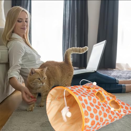 SYCOOVEN Cat Tunnel Bag for Indoor Cats, Pet Collapsible Tunnel Crinkle Sack Bag with 1 Little Mouse & Toy Ball, Crinkle Paper Interactive Cat Toys Hide and Seek(Orange Pattern) - Image 7