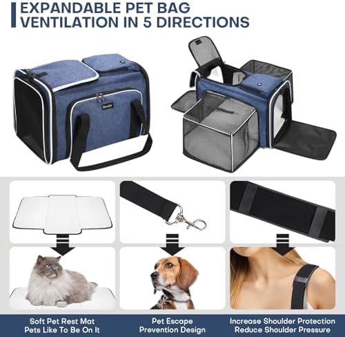 Pet Carrier, Large Soft Sided Expandable Travel Carrier with Steel Frame, Anti-Scratch Mesh, Removable Fleece Pad and Pockets for Cats, Dogs and Small Animals up to 15 lbs (Blue, 4 Sides Expandable) - Image 7