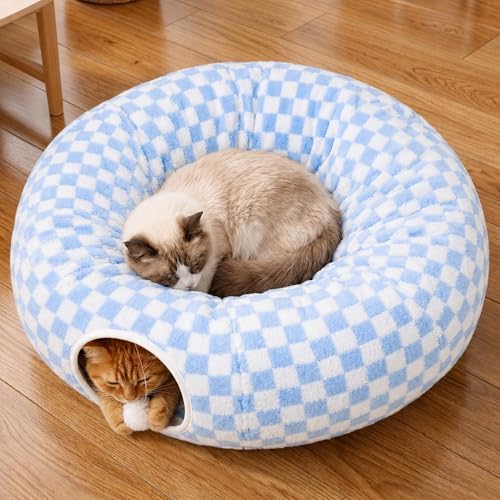 Meowfia Indoor Cat Tunnel with Donut Bed - Large Flexible Play Space for Multiple Pets - Circle or Snake Shape, Cozy Lounge (Azure Check) by MEOWFIA
