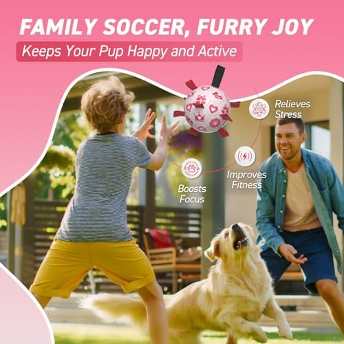 QDAN Valentines Gift Dog Toys, 8 Inch Dog Soccer Ball with Straps, Pink - Image 3