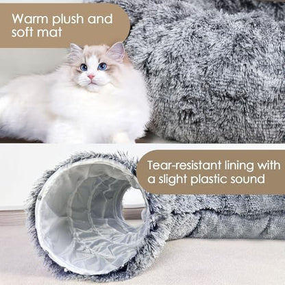 Cat Tunnel Bed for Indoor Cats, Peekaboo Cat Cave with Washable Soft Play Mat, Furry Cat Tube, for Kitten/Puppy/Rabbit, Black - Image 2