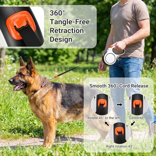 Segarty 26 Ft Walking Lead for Dogs 66 lbs - 110 lbs, 360°Tangle-Free 8m Retractable Long Leash with Detachable Poop Bag Holder for Pets Walk Outside, Anti-Slip Handle and One-Handed Brake Pause Lock - Image 5