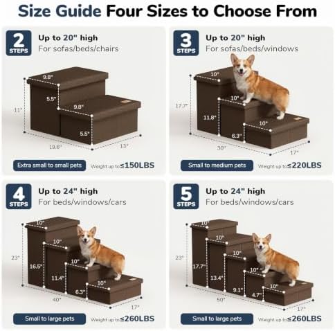2-Step Wide Dog Stairs with Storage 11" H, Non-Slip Sturdy Pet Steps for Couch Chair, Dog Steps for Small/Medium Old Dogs, Cats, Rabbits Up to 150lbs, Foldable Cat Puppy Stairs for Car, Coffee - Image 2