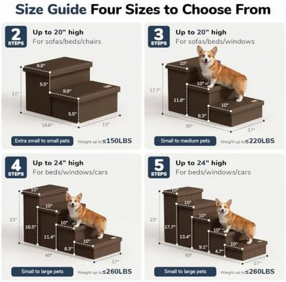 2-Step Wide Dog Stairs with Storage 11" H, Non-Slip Sturdy Pet Steps for Couch Chair, Dog Steps for Small/Medium Old Dogs, Cats, Rabbits Up to 150lbs, Foldable Cat Puppy Stairs for Car, Coffee - Image 2