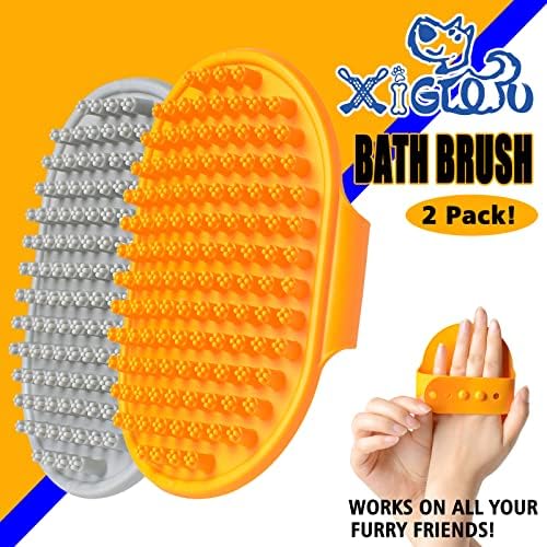 XIGOU Dog Bath Brush, 2 Pcs Short Hair Grooming Brush for Dogs & Cats - Soothing Massage Rubber Bristles Curry Comb with Adjustable Handle - Image 2