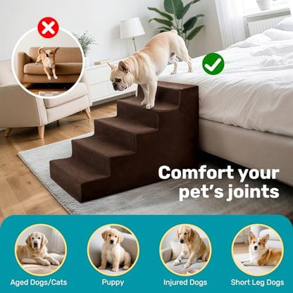 Dog Stairs for Bed, Extra Wide 5-Step Dog Steps for High Bed, High-Density Foam Pet Stairs with Non-Slip Removable Washable Cover for Small Pets, 23" H, Brown - Image 6