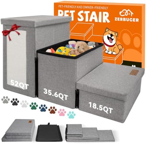 Zerbuger Dog Stairs with Storage, Grey Cat Scratcher 3 Steps Ramp no Condo by Zerbuger