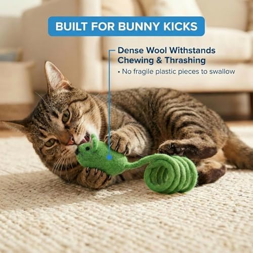 Glaciart One Felt Mouse Cat Toy – Soft Fuzzy Enrichment 100% Natural Wool - Interactive Catnip Play Cat Toy Set - Safe for Pets, Non-AZO Colored Dyes - 42” Long - Image 5