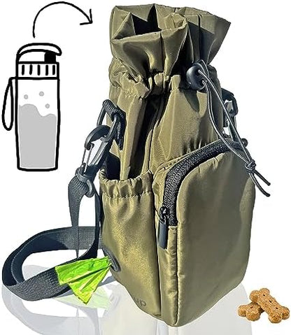 RibbyPup Waterproof Dog Walking Bag with Universal Water Bottle Holder, Built-In Poop Bag Dispenser, Unisex Cross-Body Treat Pouch - Army Green by ohRibbyPup