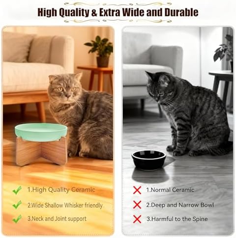 Shallow Elevated Cat Bowls with Bamboo Stand, 6.1 Inch Wide Ceramic Cat Dish Whisker Friendly, 2 Pack Pet Food and Water Plates - Image 4