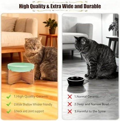 Shallow Elevated Cat Bowls with Bamboo Stand, 6.1 Inch Wide Ceramic Cat Dish Whisker Friendly, 2 Pack Pet Food and Water Plates - Image 4
