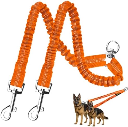MingXpet 2 Dog Leash, Dog Leash for 2 Dogs, 360° Swivel No Tangle Double Walking Training Leashes for Large Dogs that Pull, Comfortable Shock Absorbing Reflective Bungee, Orange by MingXpets
