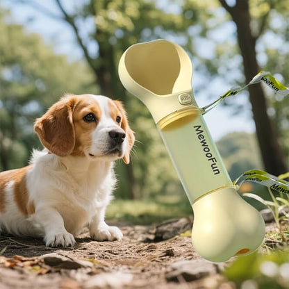 Bone Shaped Pet Water Bottle with Poop Bag Dispenser - Leak-Proof Portable Pet Travel Water Dispenser with Drinking Bowl for Walking, Hiking, & Outdoors, White