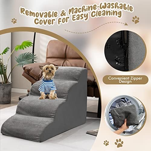 Giantex Dog Ramp Stairs for Bed, 4 Tiers Foam Pet Steps for Small Dogs Puppy Cats Older, Washable Cover, High Density Foam, Non-Slip Stairs for Dogs to Get on Bed Sofa (Gray, 4 Steps) - Image 4