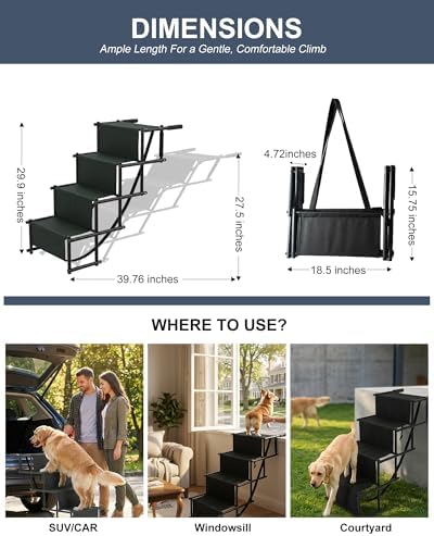 Foldable Dog Ramp for Car, 4-Step Portable Dog Stairs for Large Dogs, Extra Wide Non-Slip Pet Steps for SUV Truck, Supports Up to 150 lbs, Lightweight with Shoulder Strap for Travel & Home - Image 2