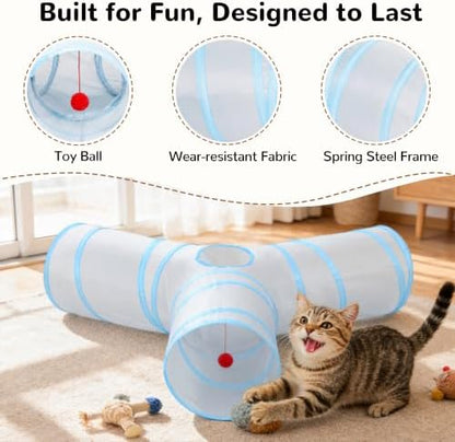 Tempcore Cat Tunnel, 3-Way Collapsible Toy, Large Size Light Grey & Blue - Image 5
