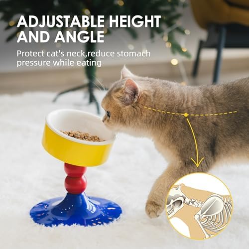 Ceramic Elevated Raised Cat Bowls,Cat Food Dish with Stand, 3 Height Adjustable Raised Dog Bowl Stand for Small Dogs Cats, Adjusts to 4.69", 5.98", 7.28" (Red & Blue) - Image 3