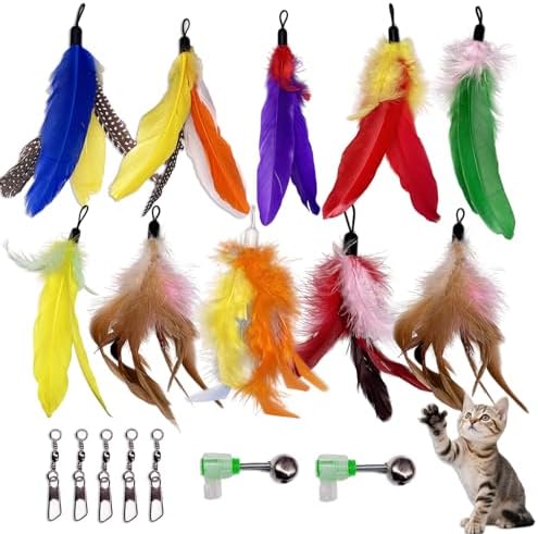 10 Pieces Cat Feather Toy Refills,Cat Wand Replacement Feathers Toys with Clip & Removable Bell,Wand Attachment Feather Toys for Indoor Cats (10 Pcs Feathers) by AINTE