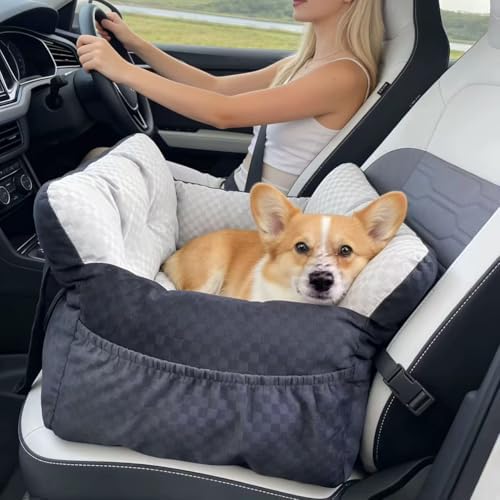Dog Car Seat Bed for Small & Medium Dogs, with Built-in Safety Belt, Anti-Anxiety Calming Sofa Bed, Portable & All-Season Soft Pet Car Bed with Bonus Squeaky Duck Toy (Black and White Checkered) - Image 2
