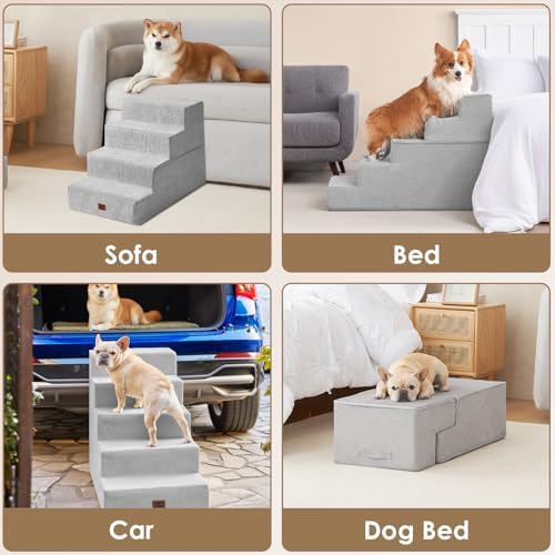 EHEYCIGA Dog Stairs for Bed 22.5"H, 5-Step Extra Wide Dog Steps, Light Grey - Image 7