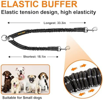 MingXpet 2 Dog Leash, Dog Leash for 2 Dogs, 360° Swivel No Tangle Double Walking Training Leashes for Small Dogs, Comfortable Shock Absorbing Reflective Bungee, Black - Image 2