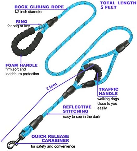 JSXD Heavy Duty Double Handle Dog Leash - 5 FT, Padded & Reflective, Rope for Small to Large Dogs (Blue) - Image 2
