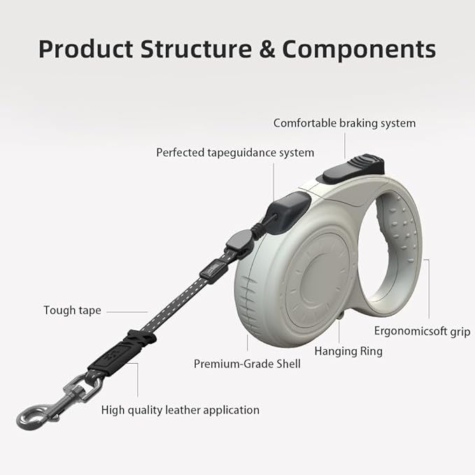 Retractable Dog Leash for Medium & Large Dogs up to 80 lbs, One-Handed Brake, 180kg Strong Nylon Tape, Tangle Free, Anti-Slip Handle (M & L Size) (Grey, M-4M)