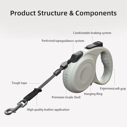 Retractable Dog Leash for Medium & Large Dogs up to 80 lbs, One-Handed Brake, 180kg Strong Nylon Tape, Tangle Free, Anti-Slip Handle (M & L Size) (Grey, M-4M)